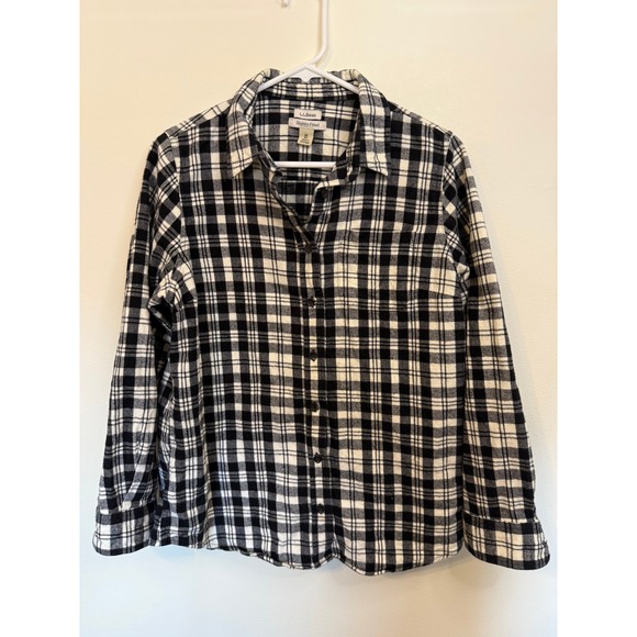 L.L. Bean Tops - LL Bean Flannel Shirt Womens M Black White Excellent Plaid Button Up 298090